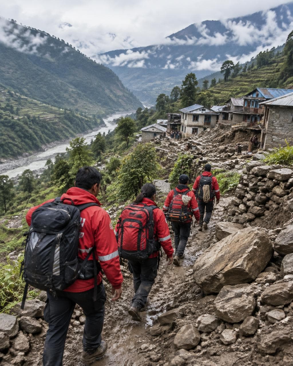 Disaster-response volunteers approaching a remote Nepali village